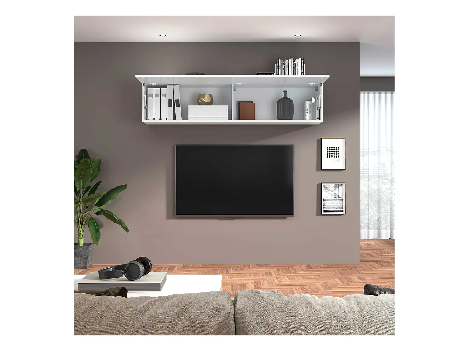 Placard suspendu 180 cm meuble salon blanc brillant 2 compartiments Joy Up