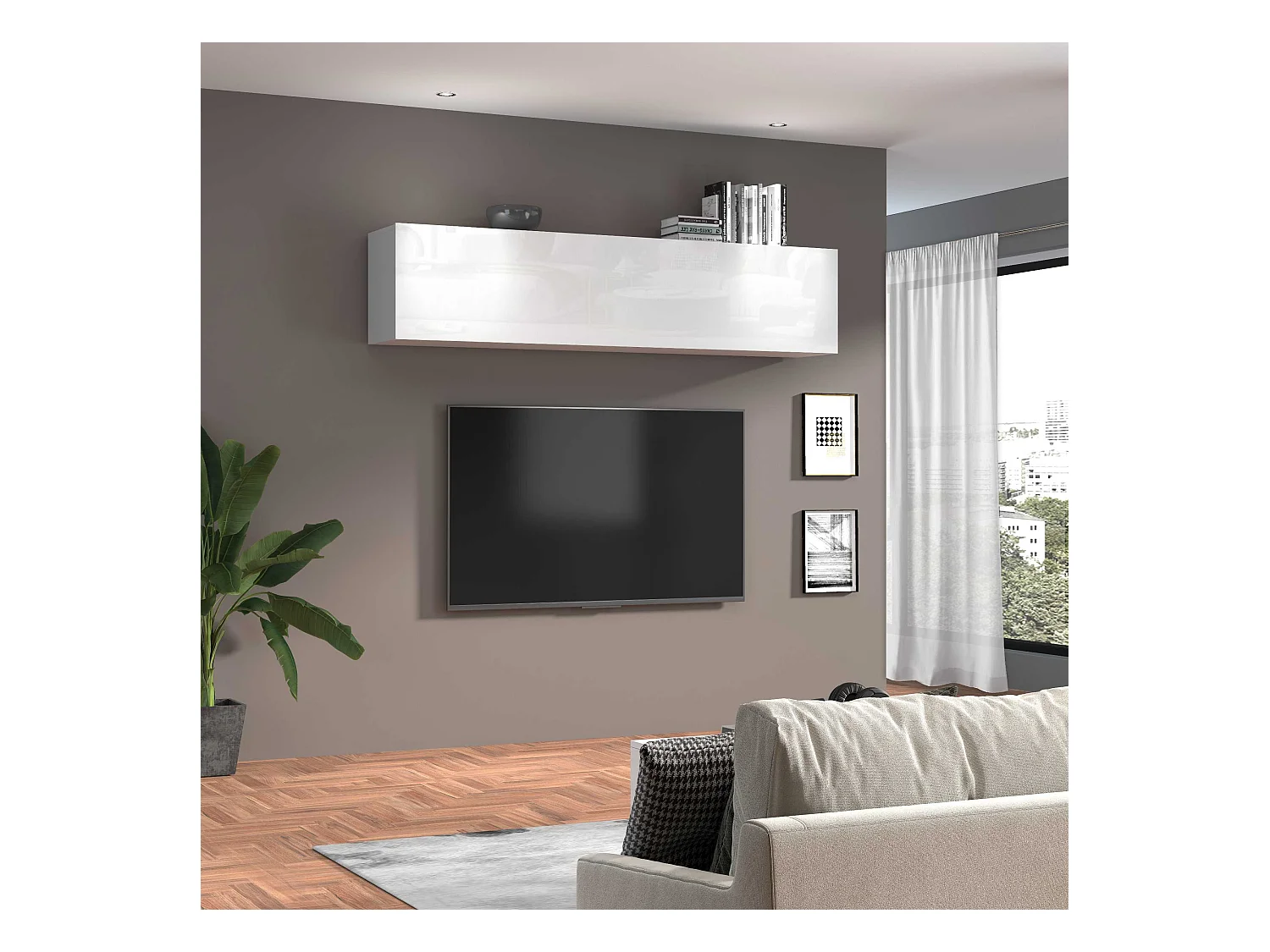 Placard suspendu 180 cm meuble salon blanc brillant 2 compartiments Joy Up