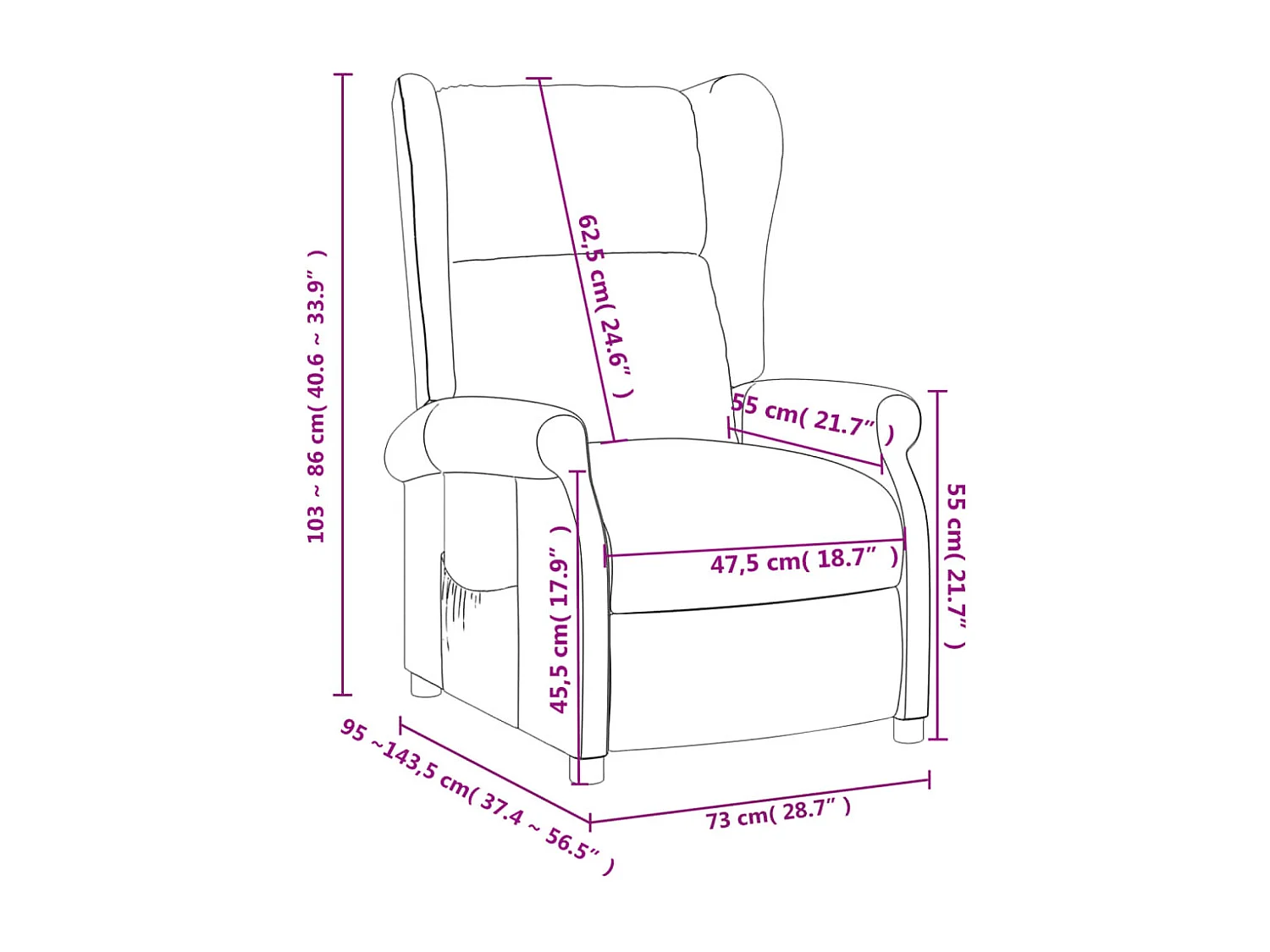 Fauteuil relax TV rembourrage tissu noire 73 x 95 x 103 cm DEC028106