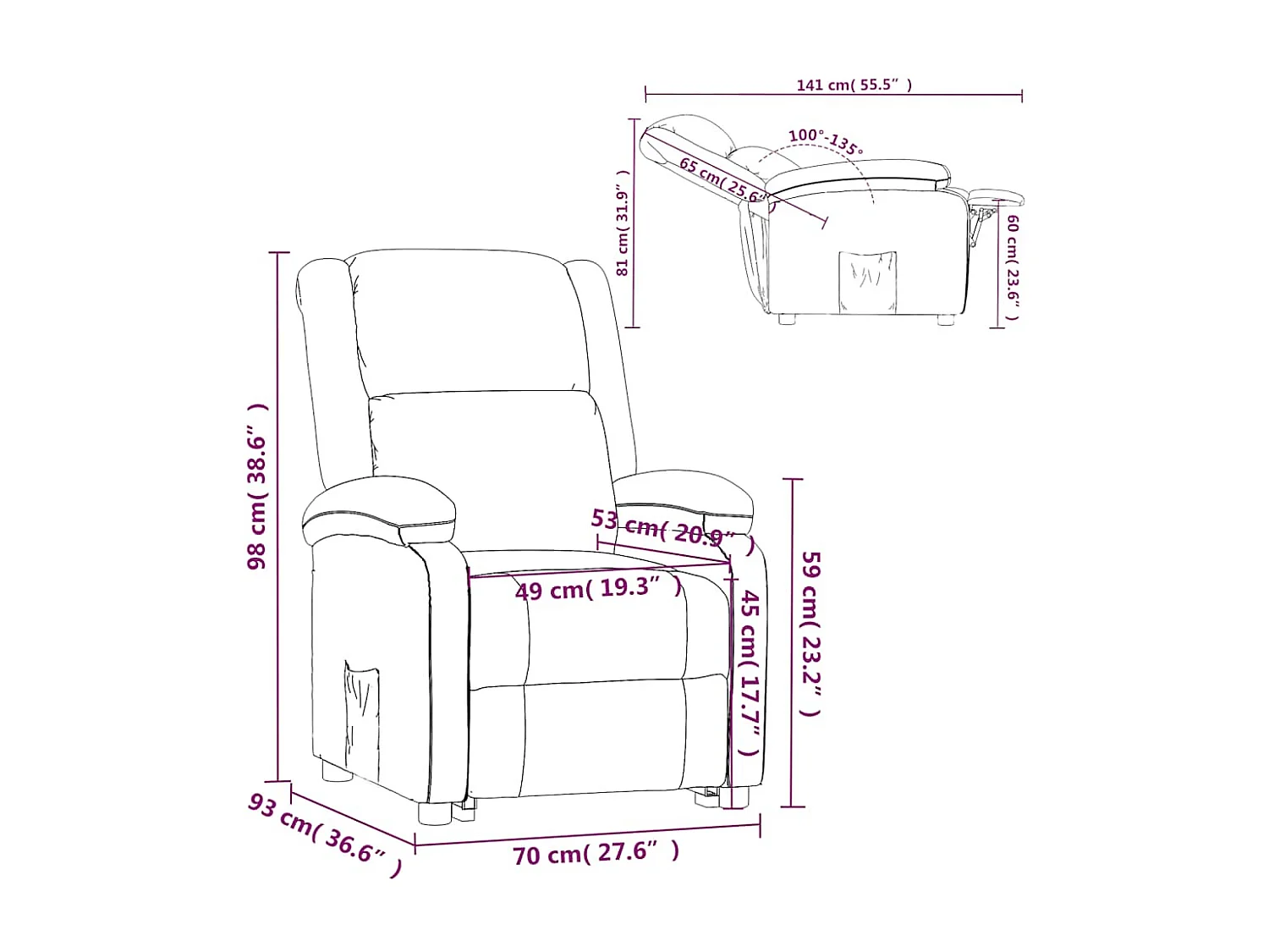 Fauteuil relax TV rembourrage tissu grise 70 x 93 x 98 cm DEC027940