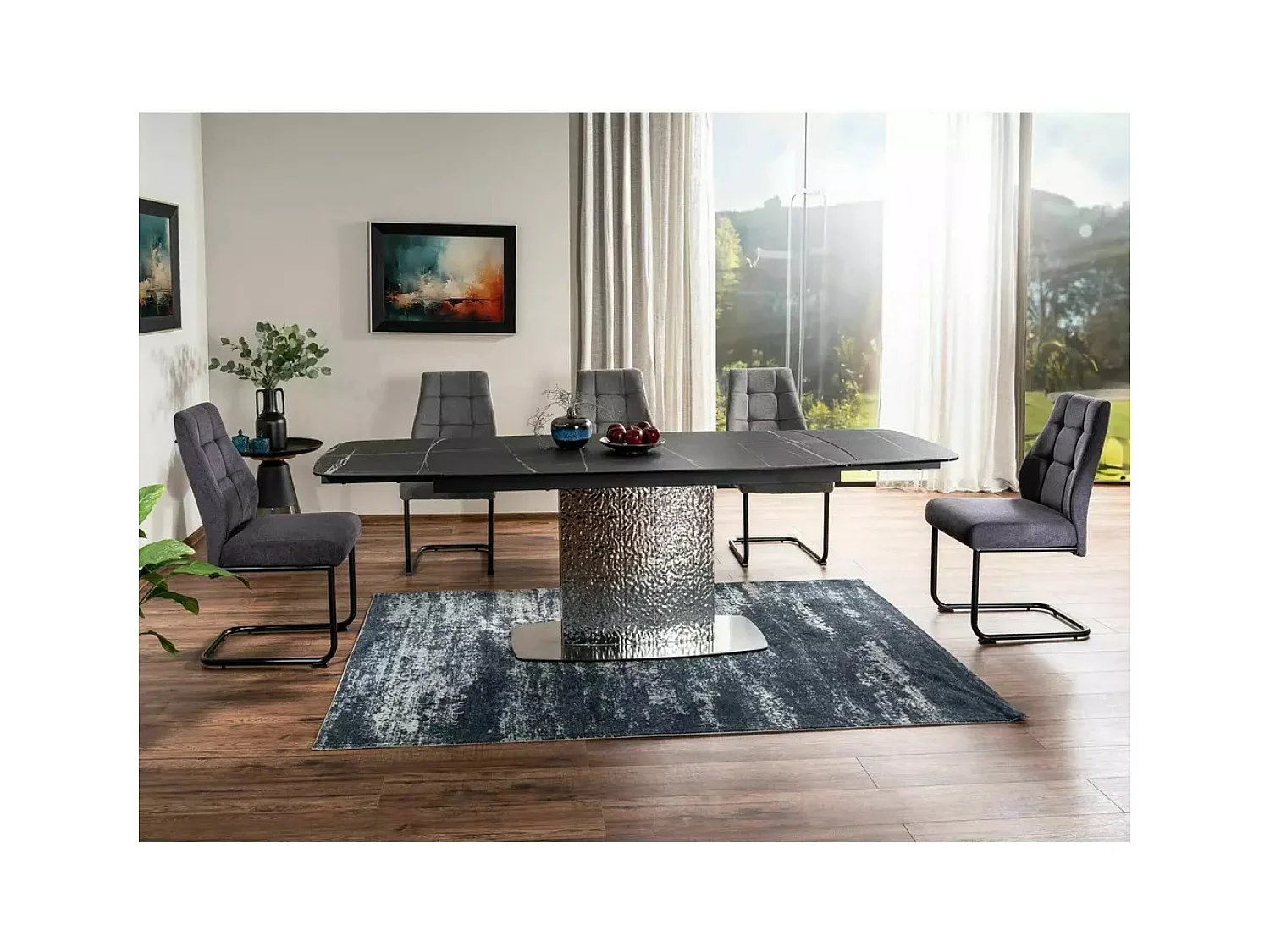 Tavolo da pranzo Monkler (90x160-240)/Ceramica e metallo/Allungabile/Nero e argento