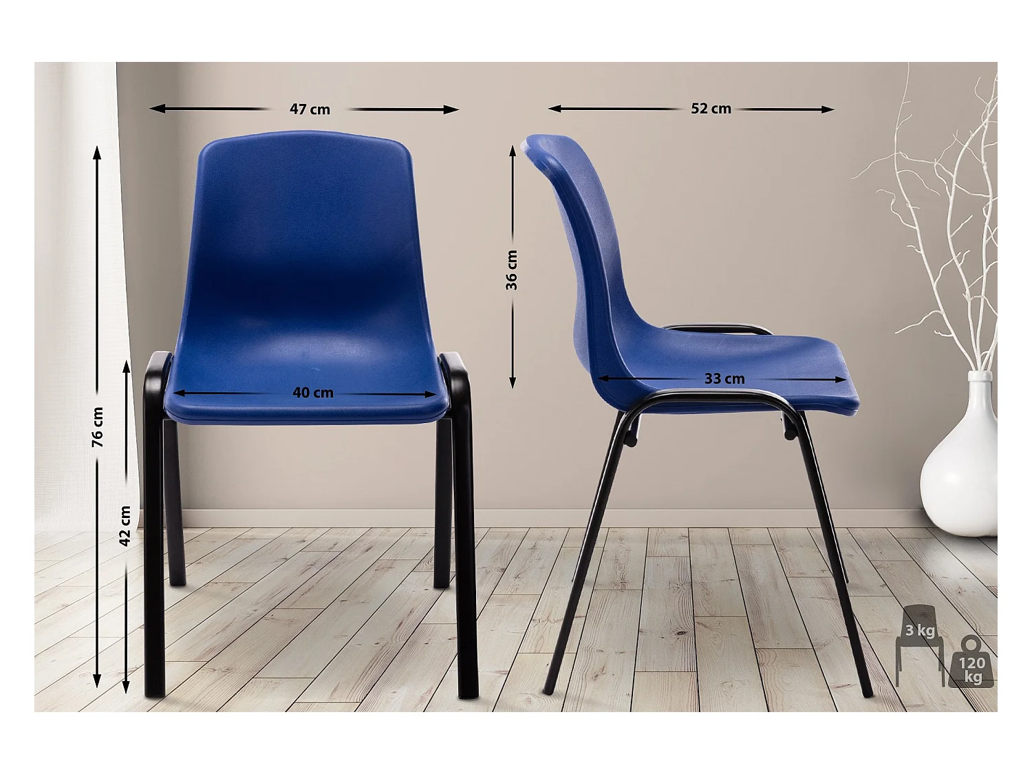 Chaise visiteur empilable salle métal bleue 47 x 52 x 76 cm 10_0003731