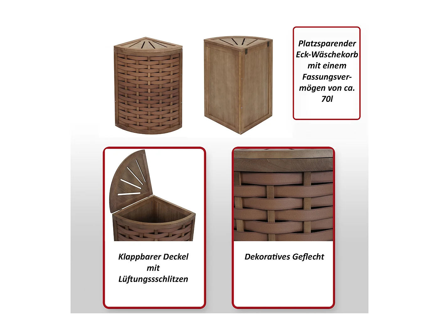 Cesta portabiancheria angolare decorativa MCW-H87 legno pauloinia intreccio polietilene marrone