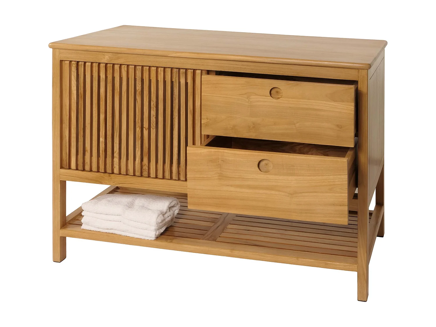 Teak-Kommode MCW-M70, Sideboard, Schiebetüre Schubladen, hochwertiges B-Grade-Teak (Kernholz, 20-30 Jahre), 81x106x55cm