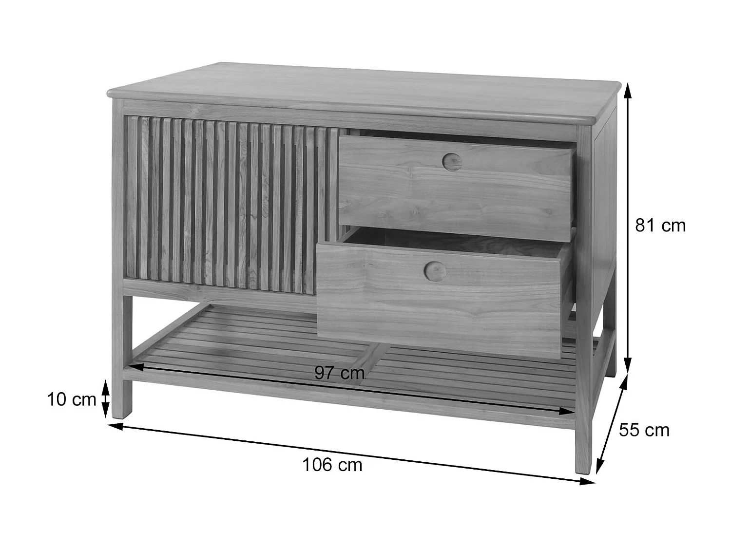 Teak-Kommode MCW-M70, Sideboard, Schiebetüre Schubladen, hochwertiges B-Grade-Teak (Kernholz, 20-30 Jahre), 81x106x55cm
