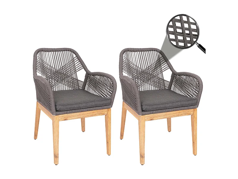 Set di 2 sedie da giardino MCW-H56b, poltrona da esterno, corda intrecciata legno di acacia ~ grigio cuscini antracite