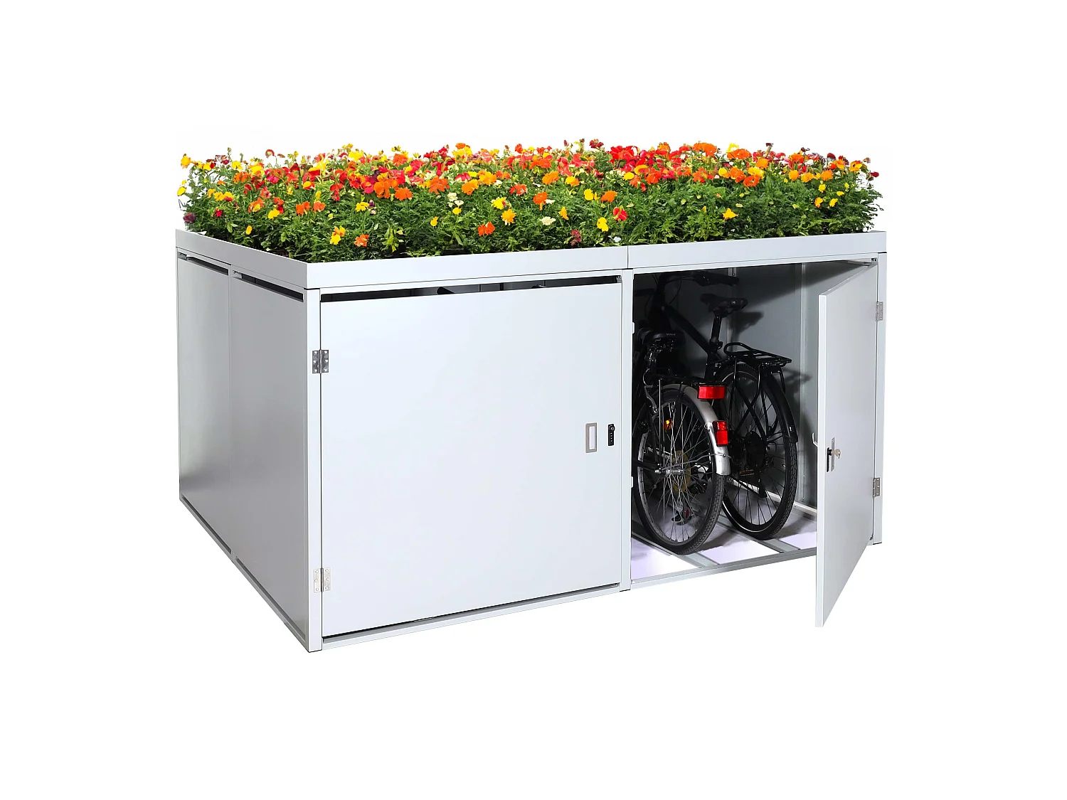 Garage armadio per 4 biciclette con serratura e fioriera MCW-L56b ferro acciaio zincato 126x220x210cm grigio