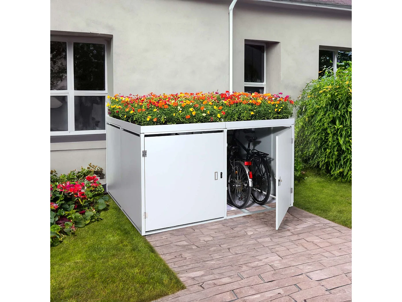 Garage armadio per 4 biciclette con serratura e fioriera MCW-L56b ferro acciaio zincato 126x220x210cm grigio