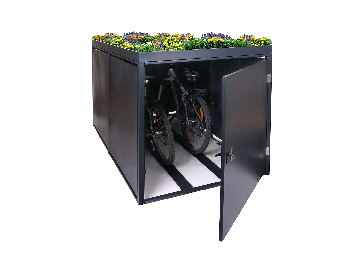 Garage armadio per 2 biciclette con serratura e fioriera MCW-L56b ferro acciaio zincato 125x113x208cm antracite