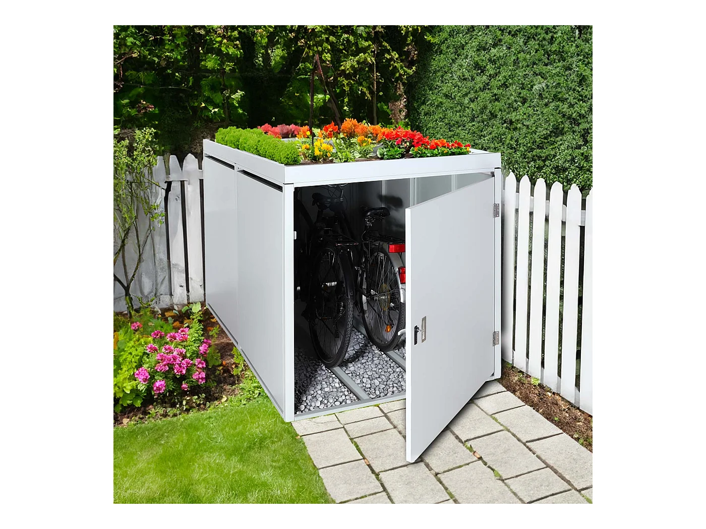 Garage armadio per 2 biciclette con serratura e fioriera MCW-L56b ferro acciaio zincato 125x113x208cm antracite