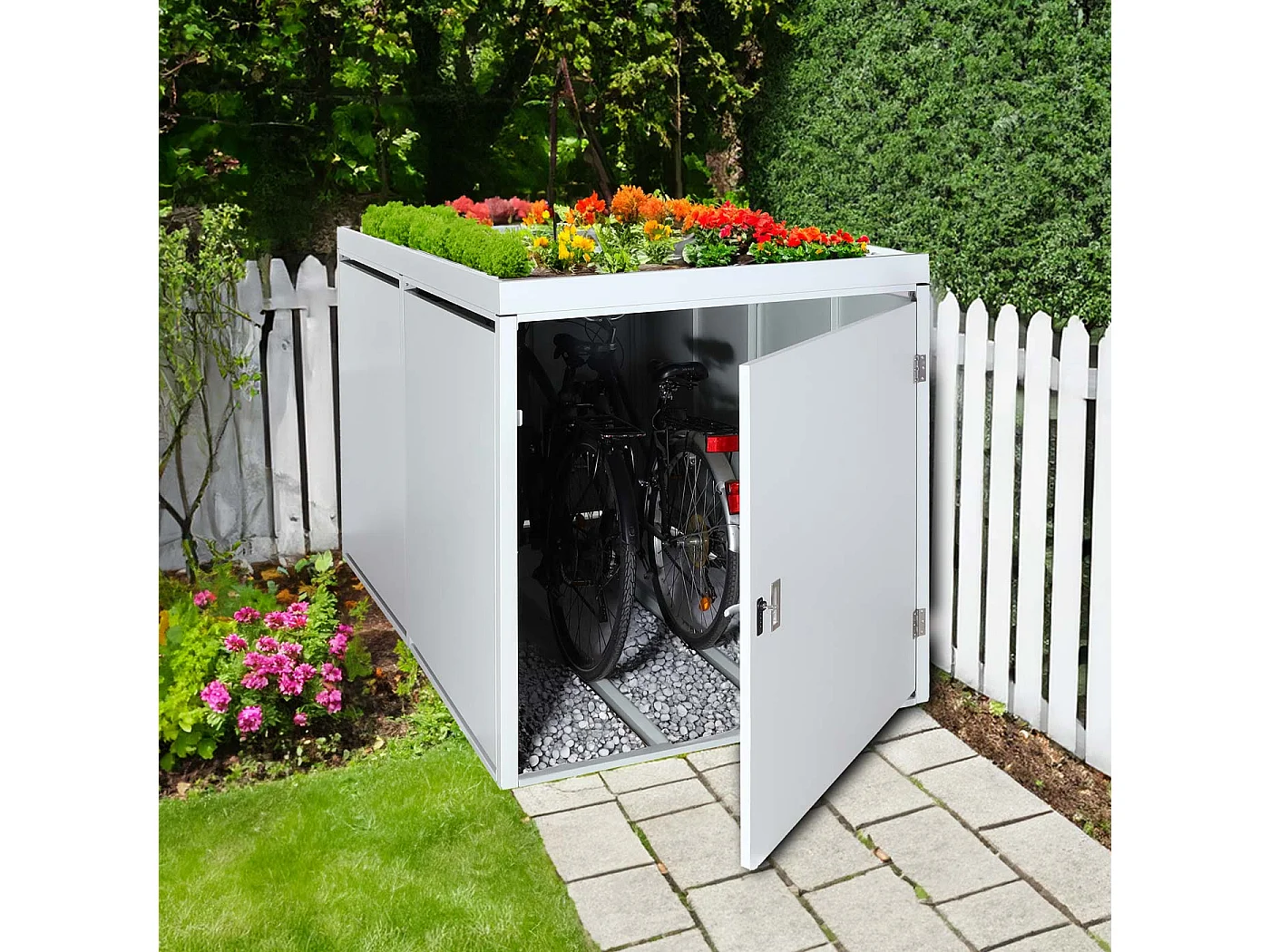 MCW-L56b 2-bike garage with planter,  light grey