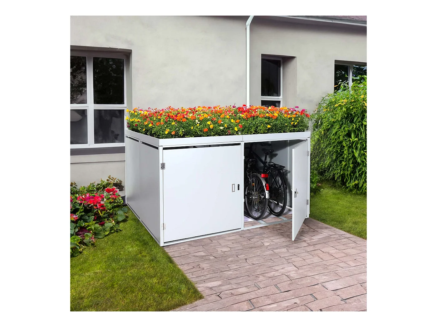 Garage armadio per 4 biciclette con serratura e fioriera MCW-L56b ferro acciaio zincato 126x220x210cm antracite