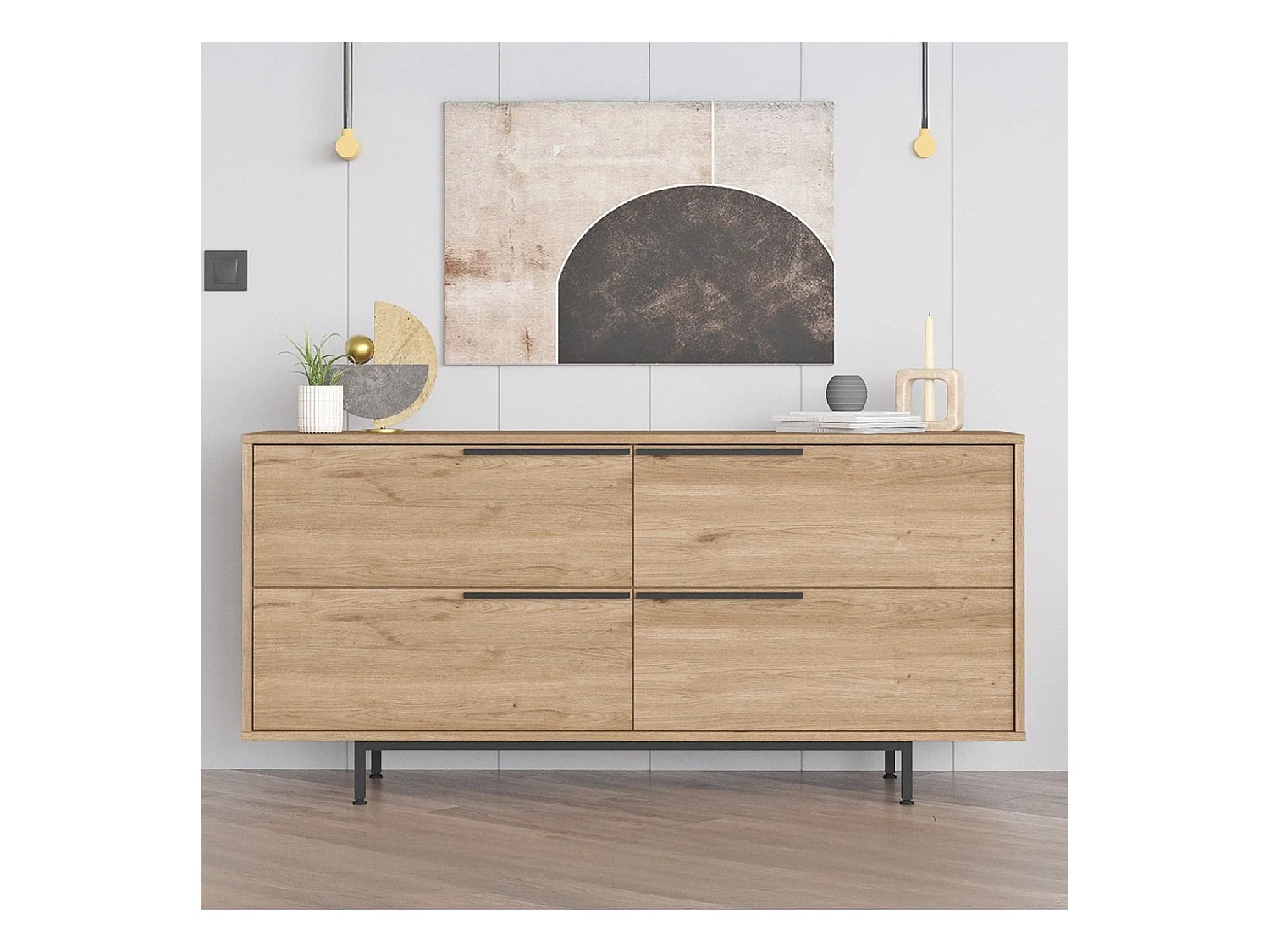 Buffet 4 portes finition bois et métal noir 160x75cm ABEY