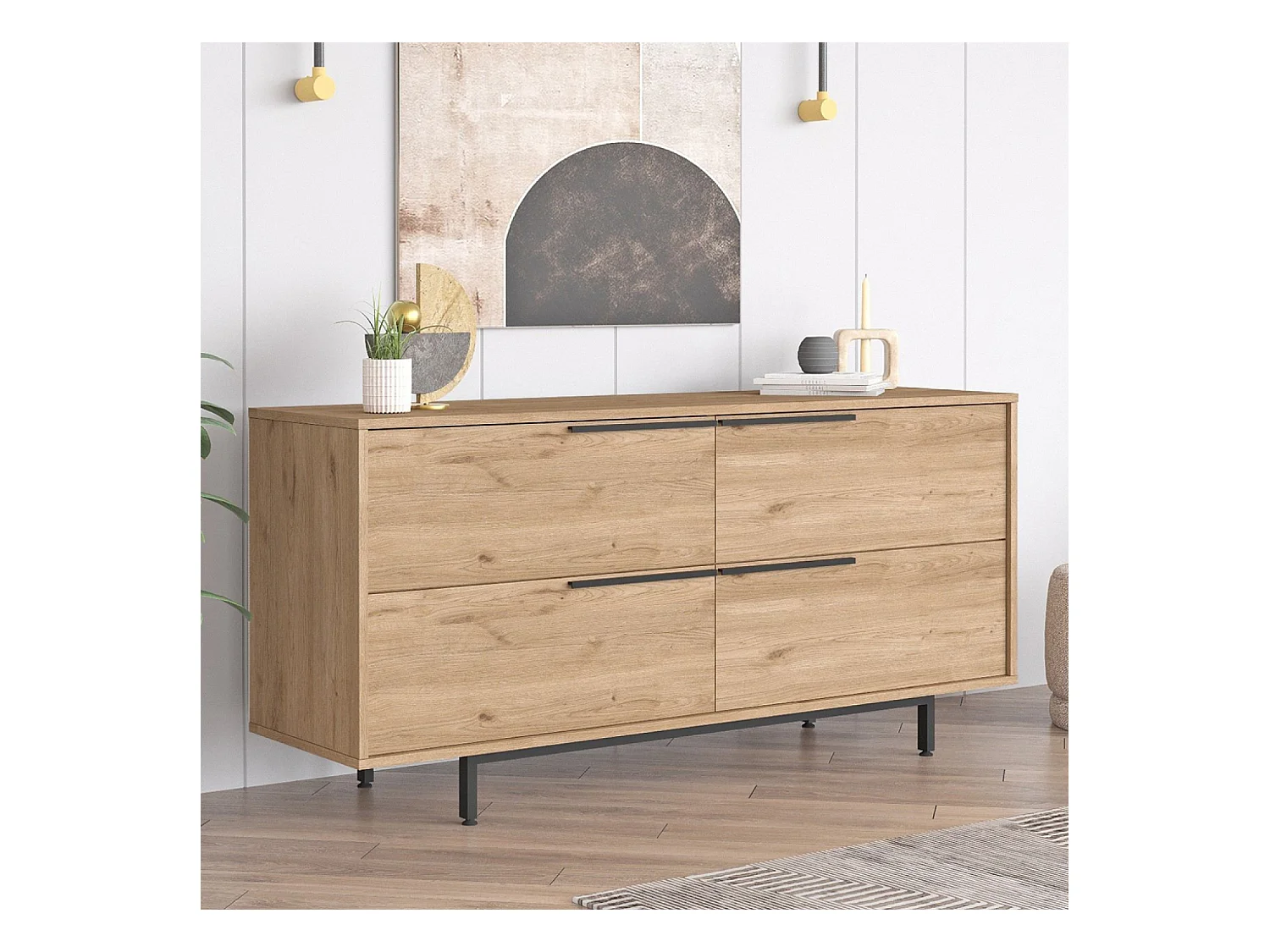 Buffet 4 portes finition bois et métal noir 160x75cm ABEY