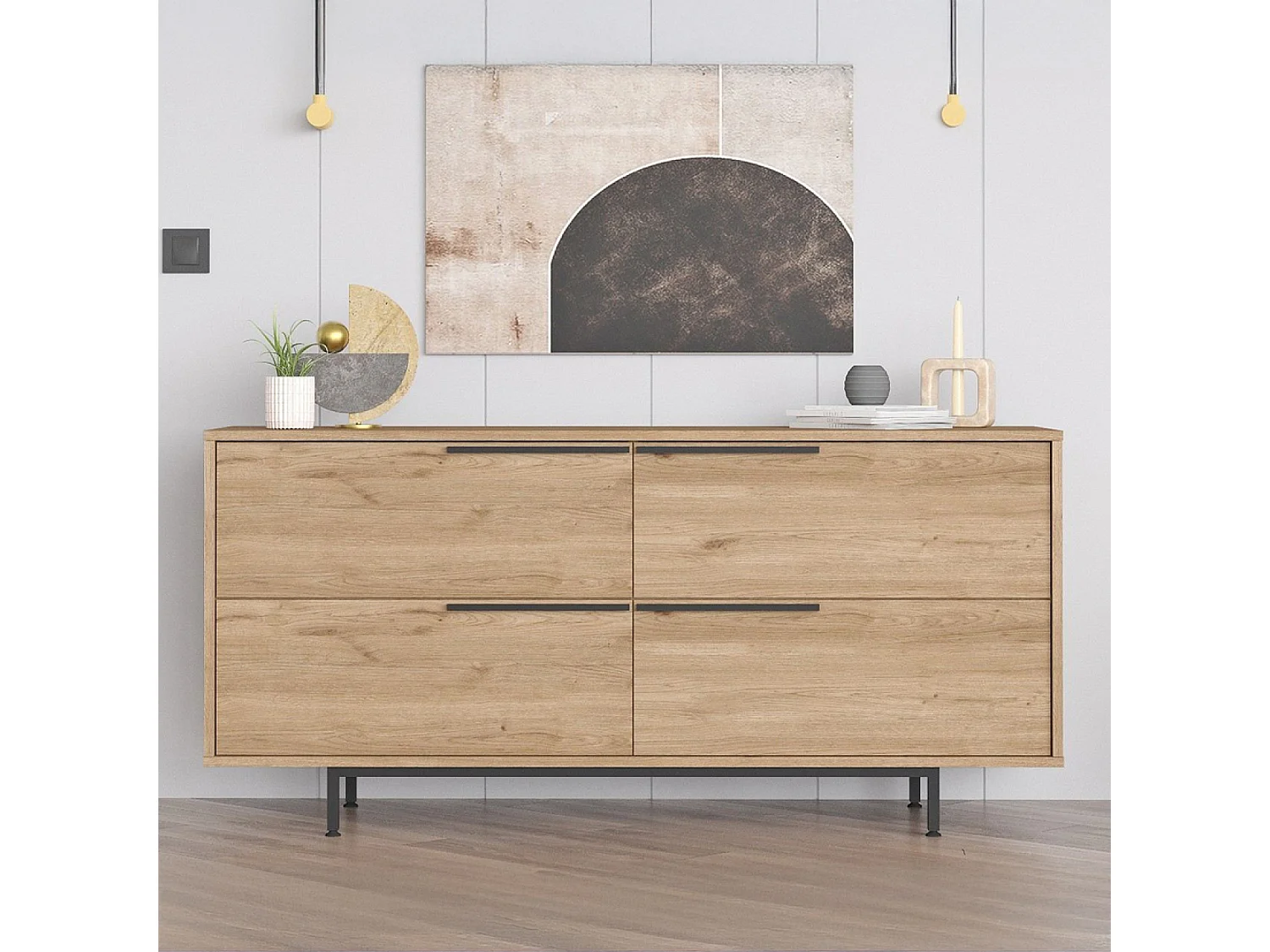 Buffet 4 portes finition bois et métal noir 160x75cm ABEY