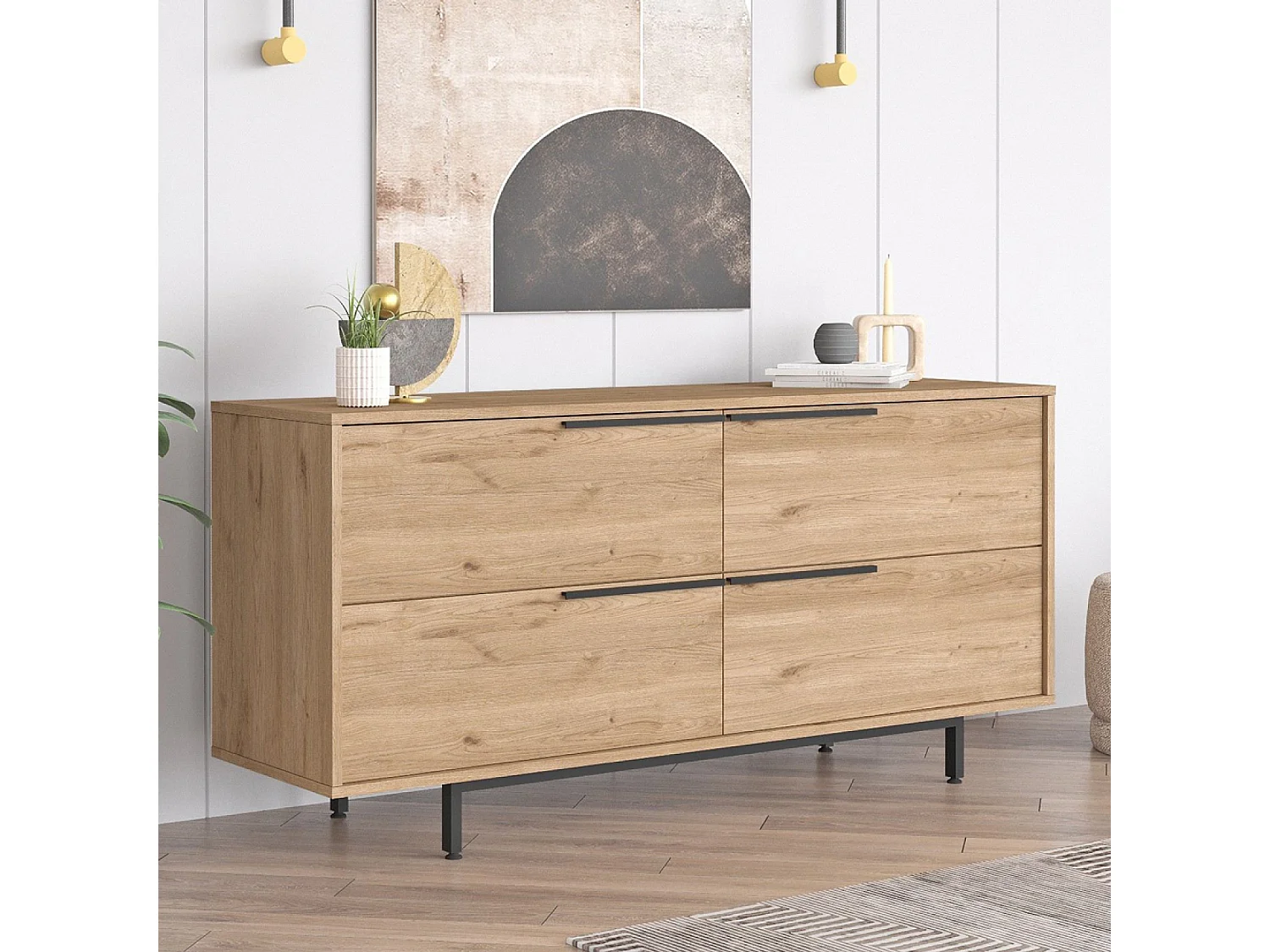 Buffet 4 portes finition bois et métal noir 160x75cm ABEY