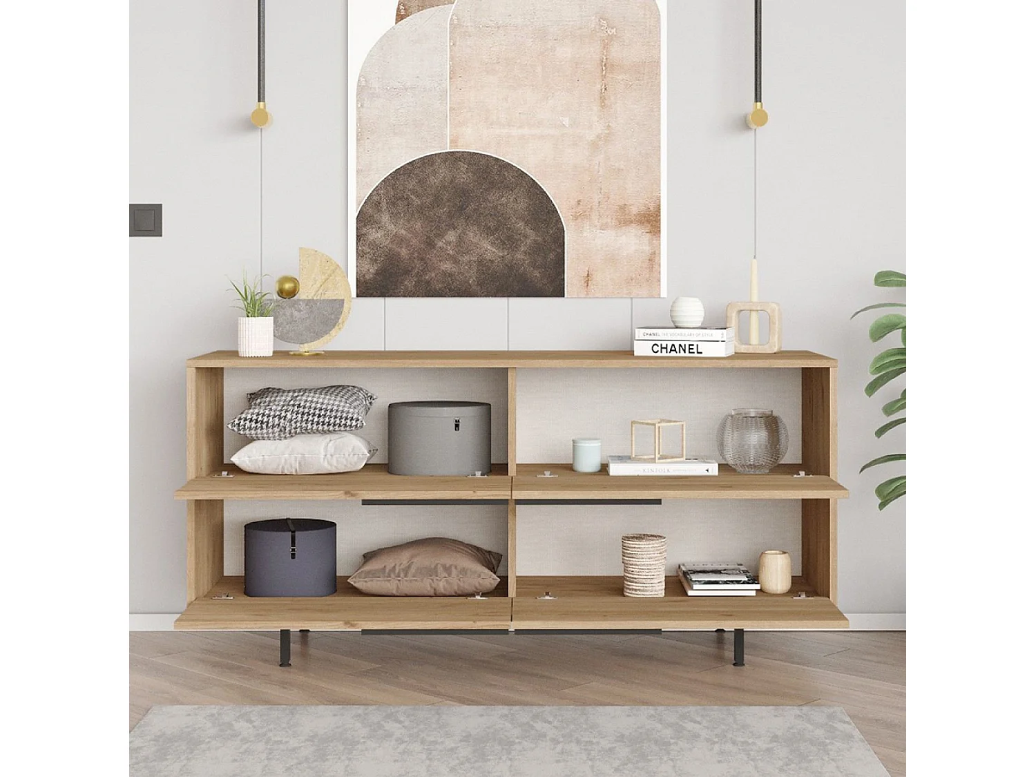 Buffet 4 portes finition bois et métal noir 160x75cm ABEY