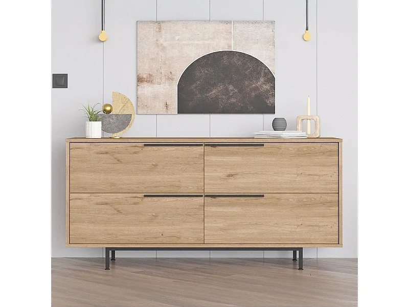 Buffet 4 portes finition bois et métal noir 160x75cm ABEY