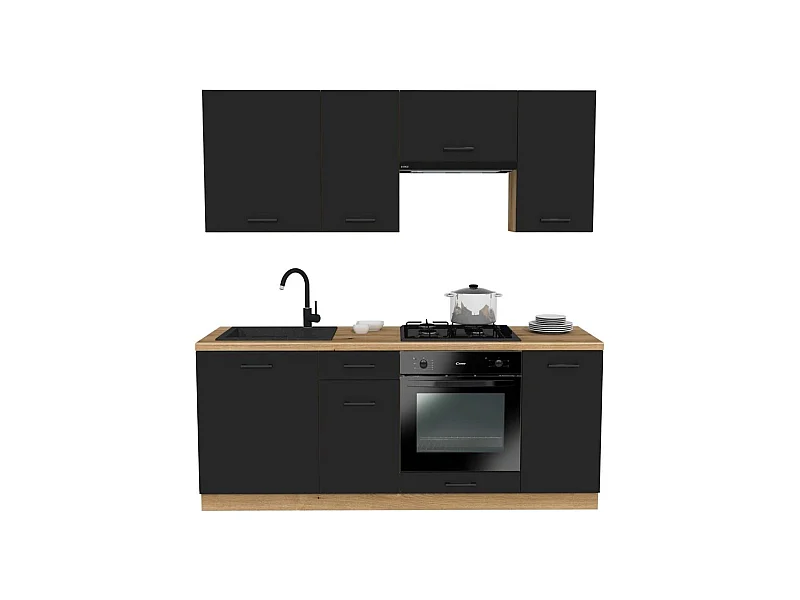 VARIO - Ensemble de meubles de cuisine – 200 cm – Noir mat – Plan de travail chêne – Sans électroménager