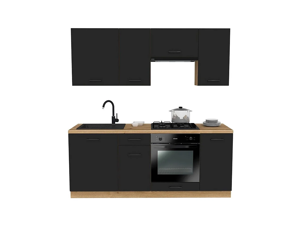 VARIO - Ensemble de meubles de cuisine – 200 cm – Noir mat – Plan de travail chêne – Sans électroménager