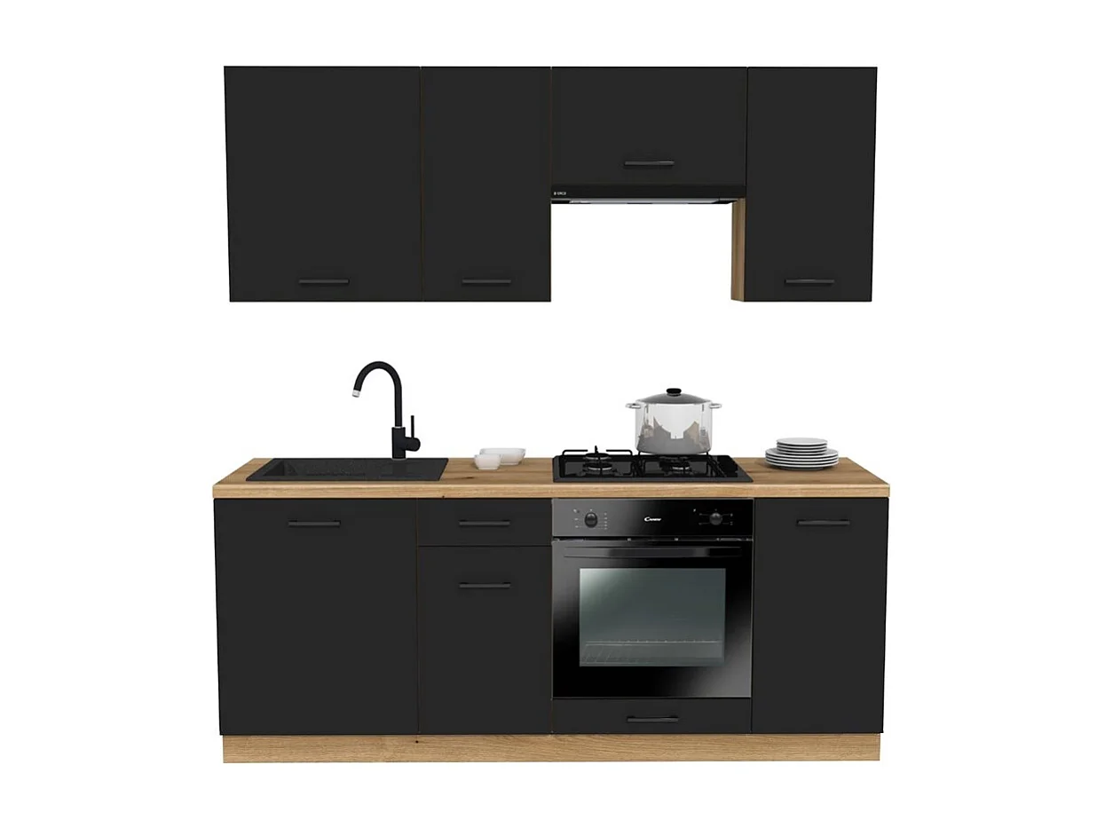 VARIO - Ensemble de meubles de cuisine – 200 cm – Noir mat – Plan de travail chêne – Sans électroménager