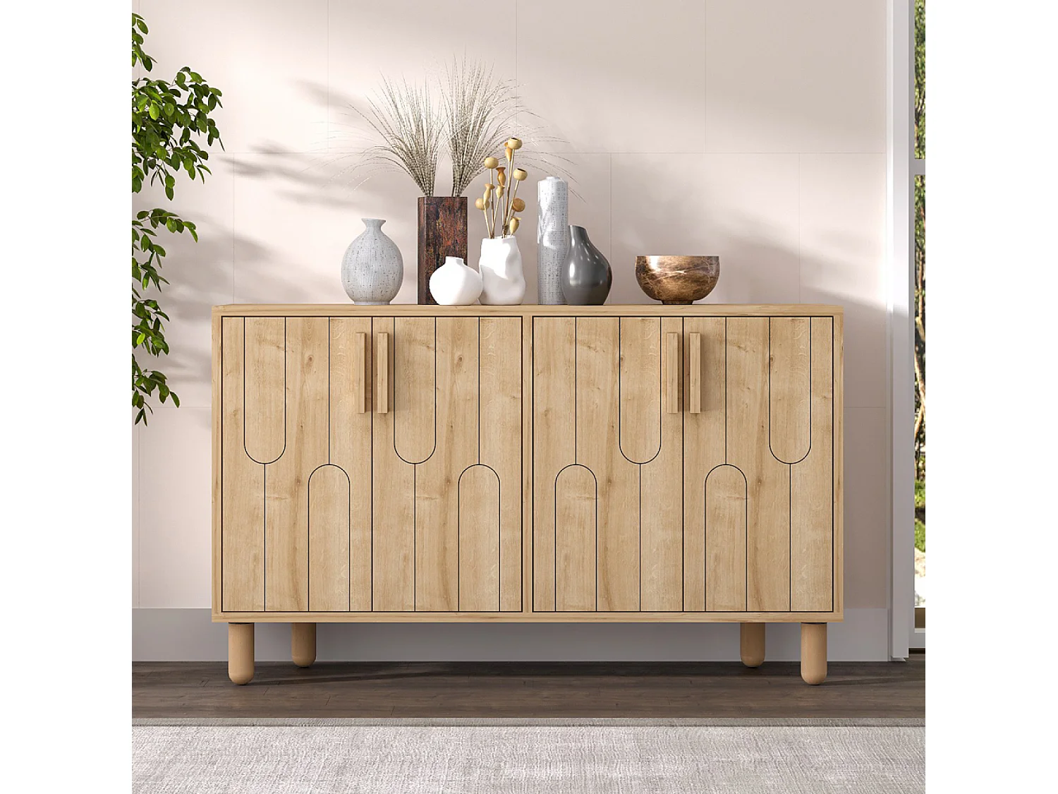 Buffet 4 portes aspect bois design graphique120x73cm VINCI