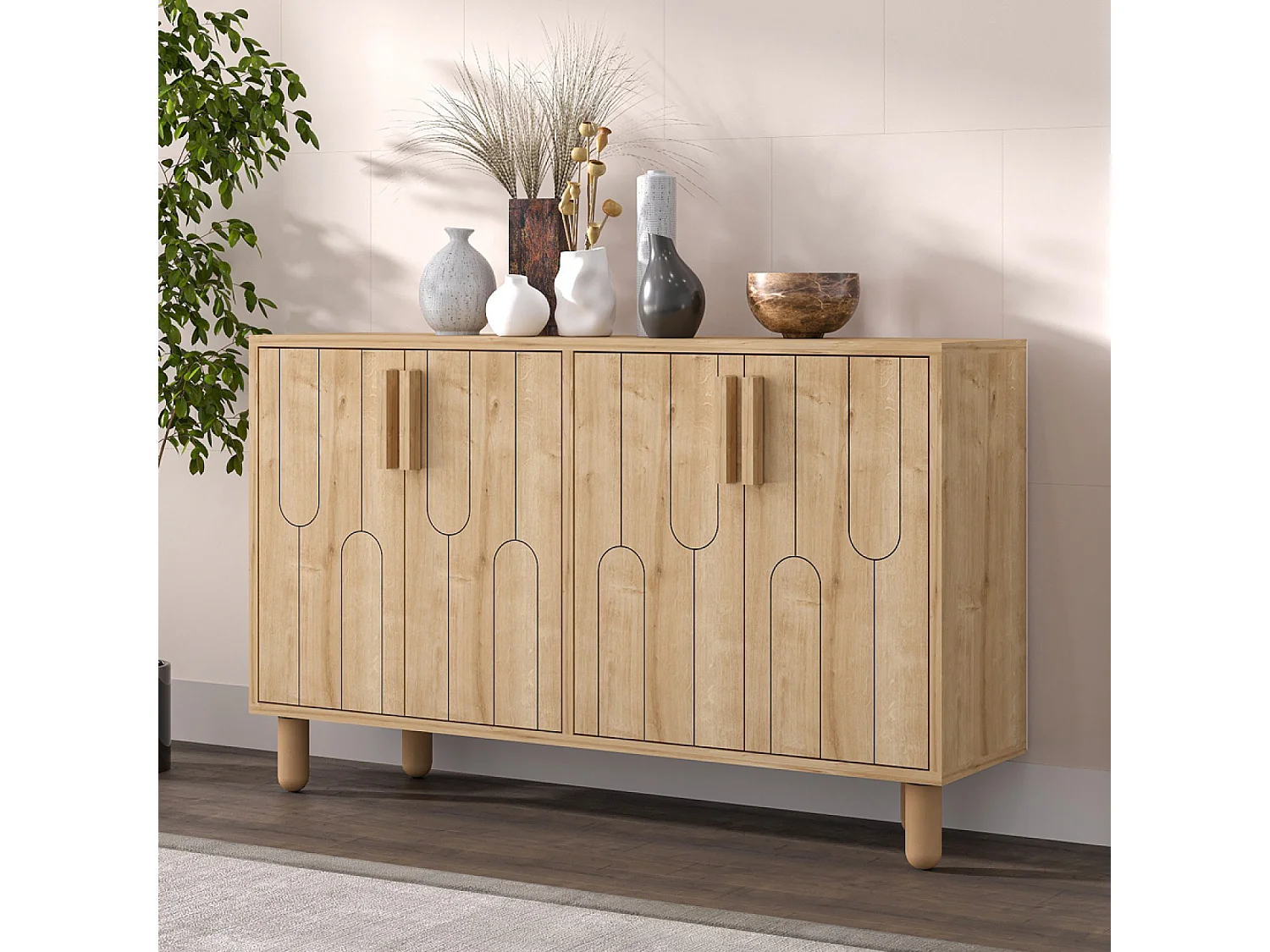 Buffet 4 portes aspect bois design graphique120x73cm VINCI