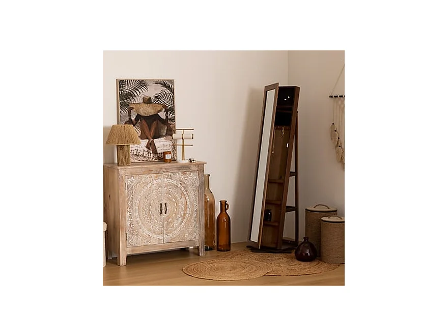 Armoire à bijoux , colonne rotative avec miroir LILIA coloris effet bois foncé - Longueur 38 x Profondeur 38 x Hauteur 164 cm