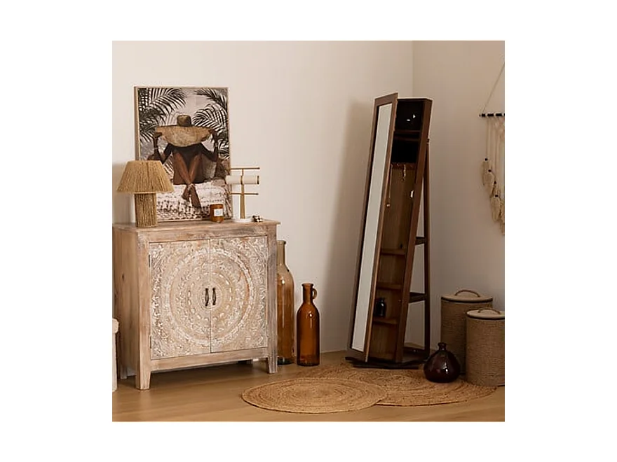 Armoire à bijoux , colonne rotative avec miroir LILIA coloris effet bois foncé - Longueur 38 x Profondeur 38 x Hauteur 164 cm