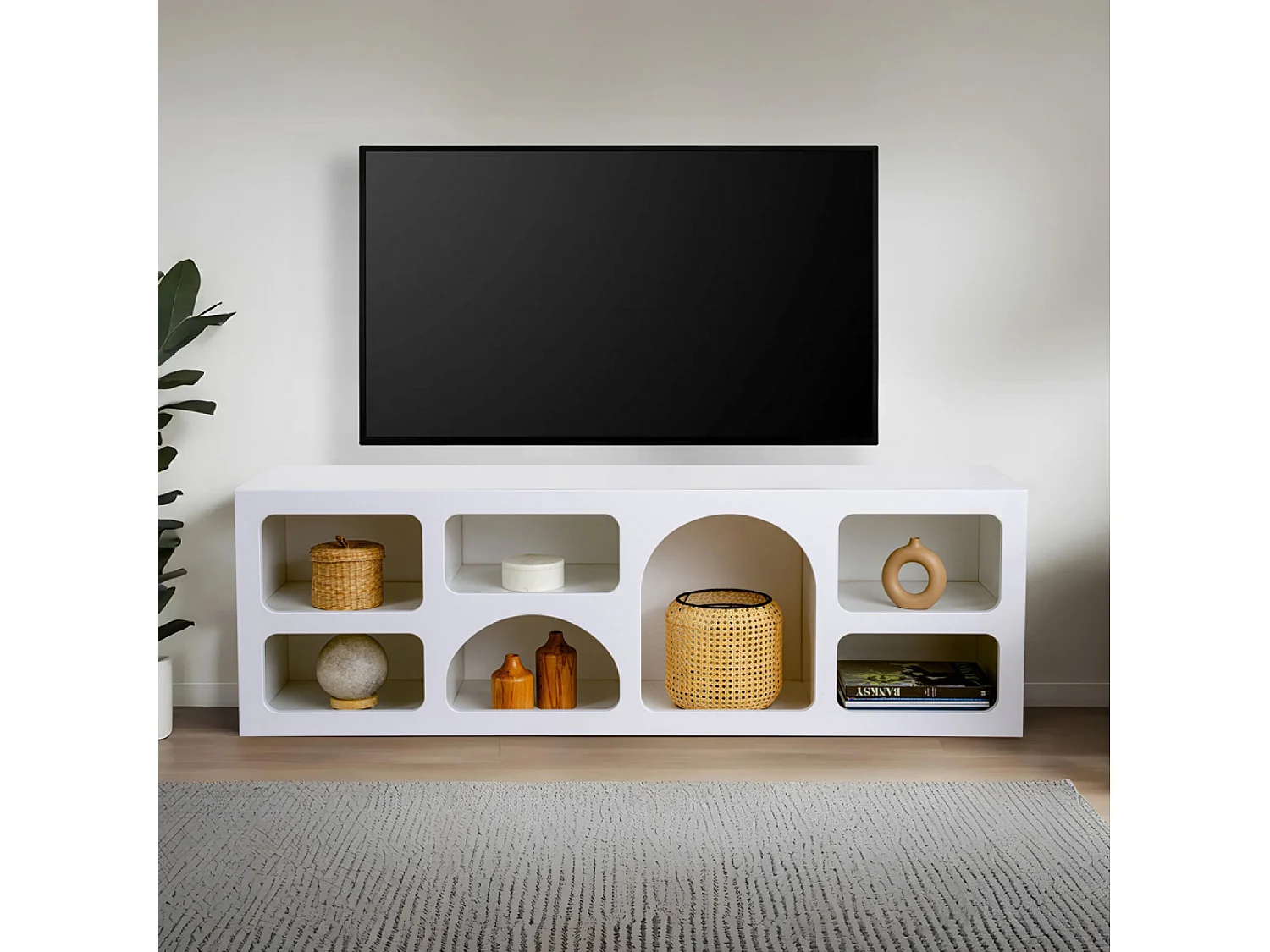 Buffet bas 7 niches design organique blanc 160x50cm FERLIS