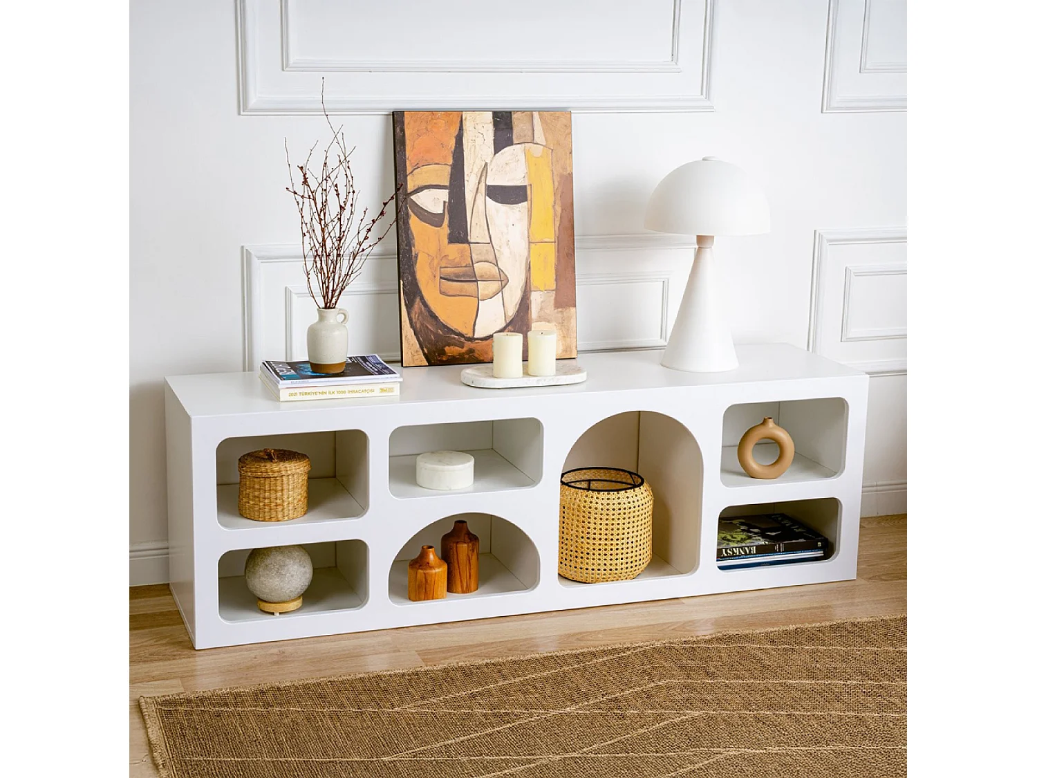 Buffet bas 7 niches design organique blanc 160x50cm FERLIS