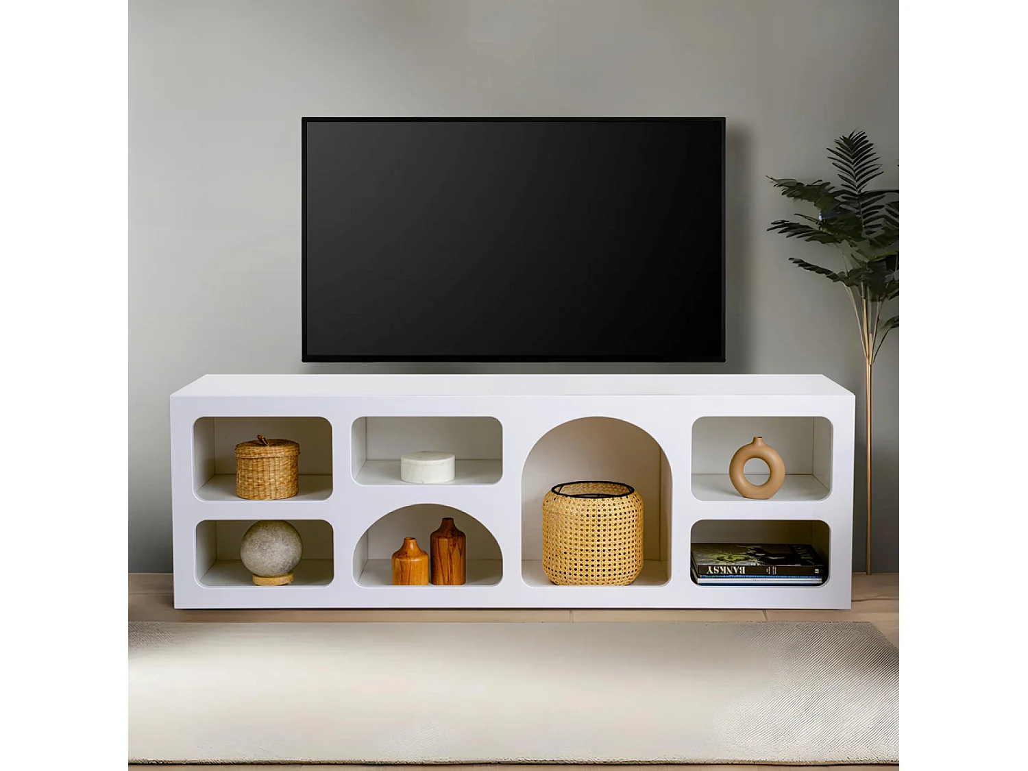 Buffet bas 7 niches design organique blanc 160x50cm FERLIS