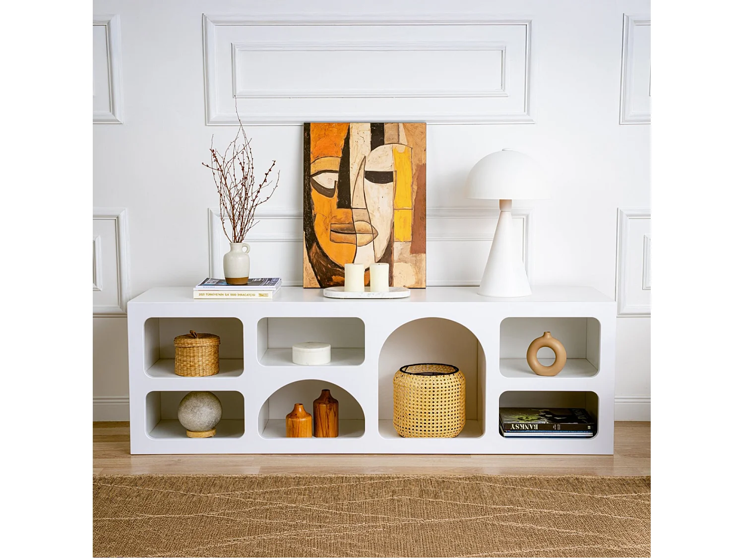 Buffet bas 7 niches design organique blanc 160x50cm FERLIS