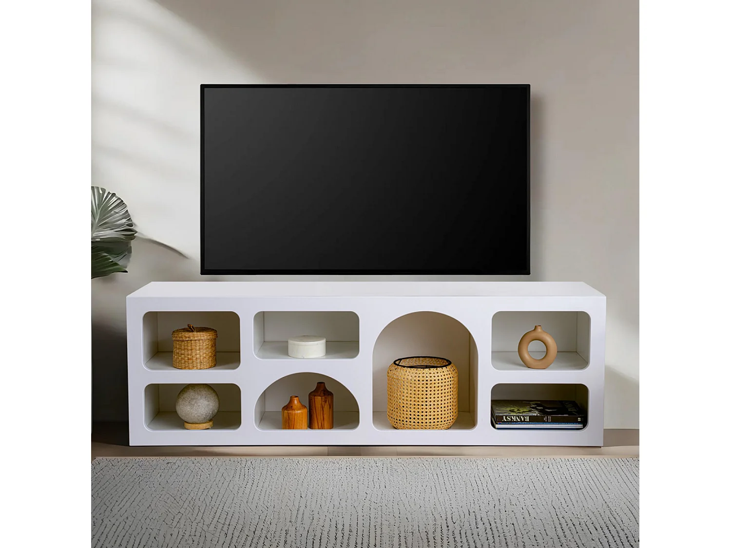 Buffet bas 7 niches design organique blanc 160x50cm FERLIS