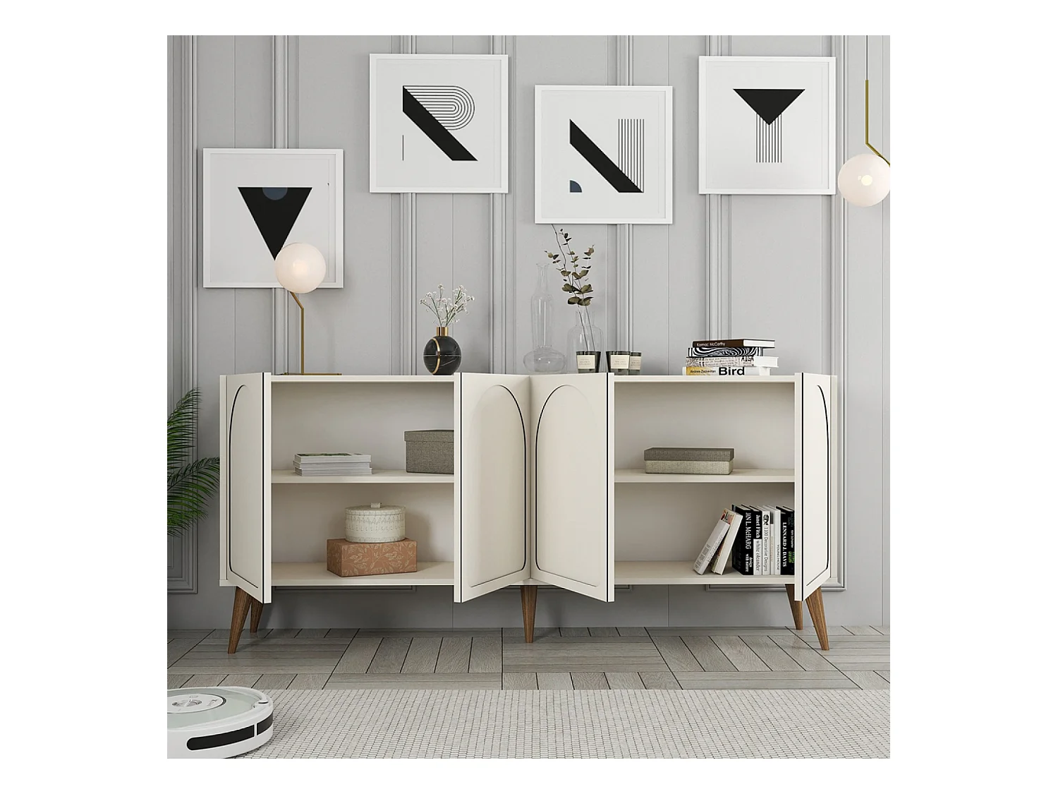 Buffet 4 portes design arrondi crème 180x81cm LISTER