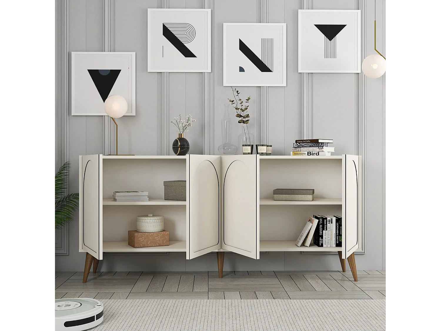 Buffet 4 portes design arrondi crème 180x81cm LISTER