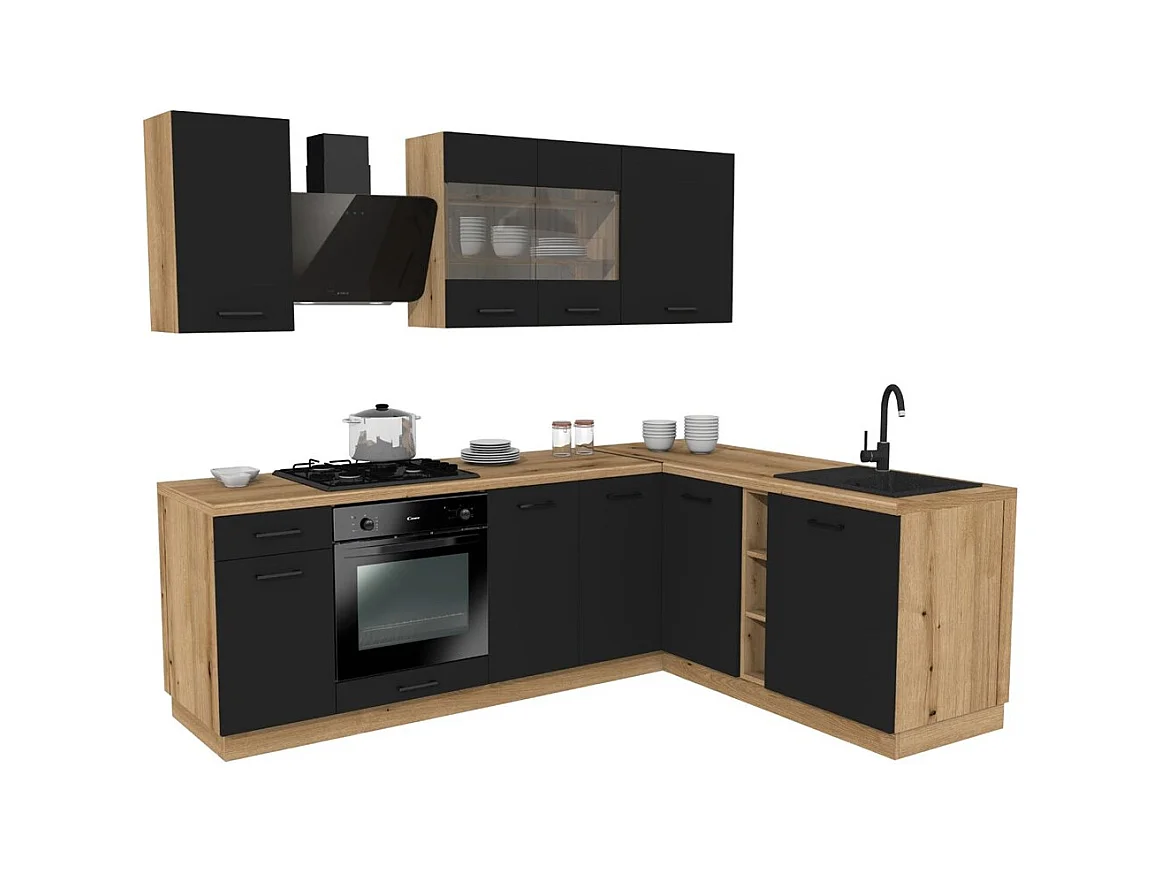 VARIO - Ensemble de meubles de cuisine d’angle – 240 x 180 cm – Noir / Chêne – Plan de travail inclus – Sans électroménager