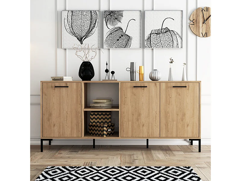 Buffet 3 portes et 2 niches finition bois et métal noir 180x80cm AURA