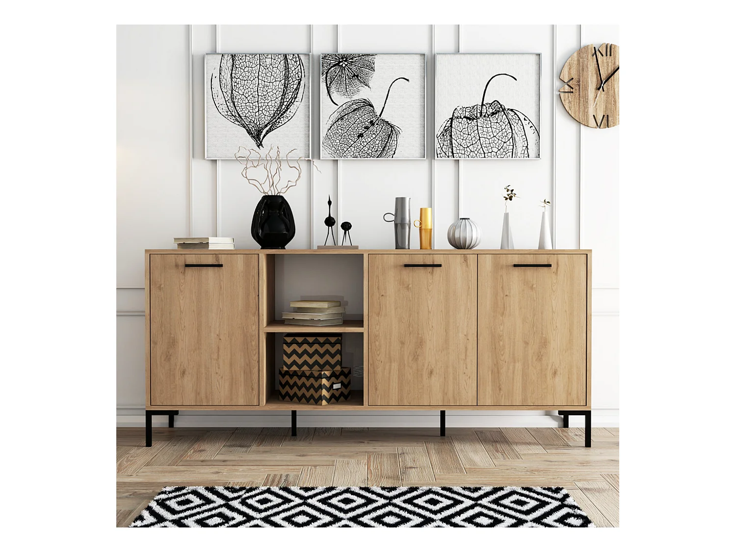 Buffet 3 portes et 2 niches finition bois et métal noir 180x80cm AURA