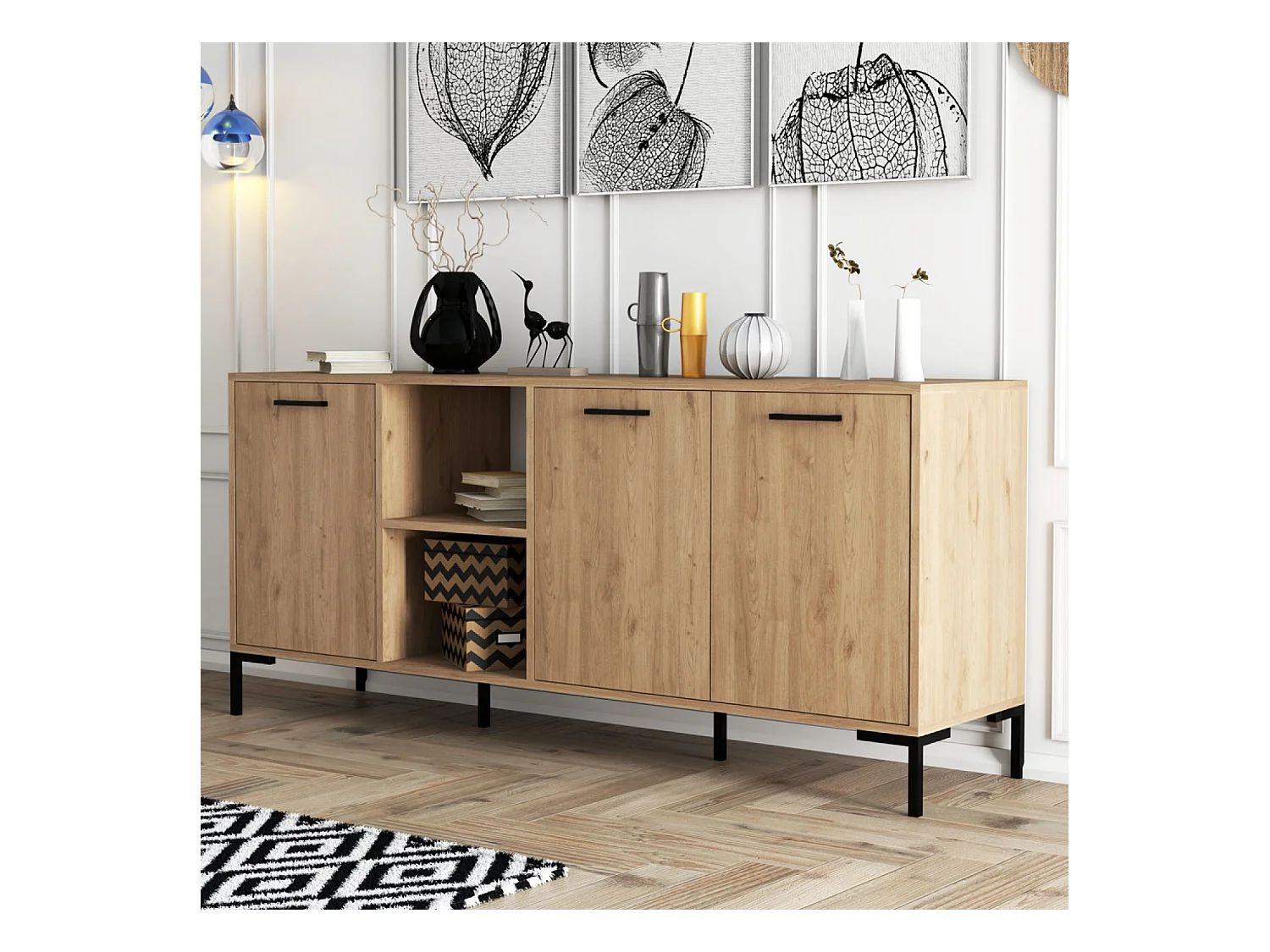 Buffet 3 portes et 2 niches finition bois et métal noir 180x80cm AURA