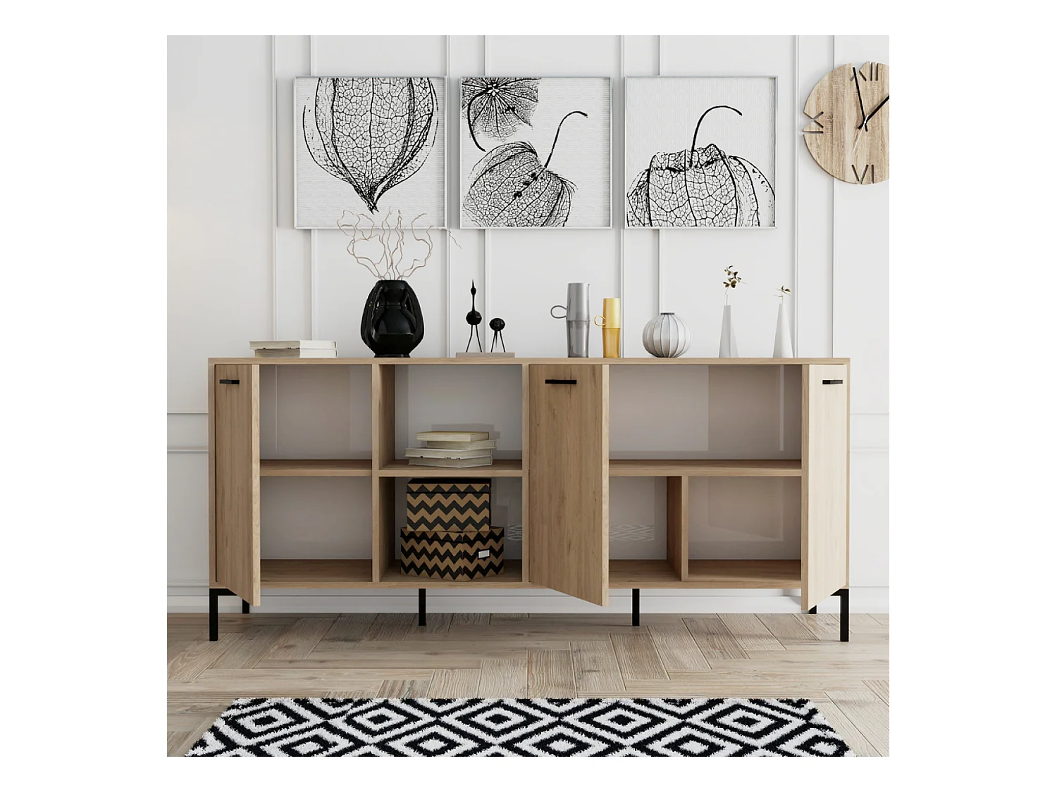 Buffet 3 portes et 2 niches finition bois et métal noir 180x80cm AURA