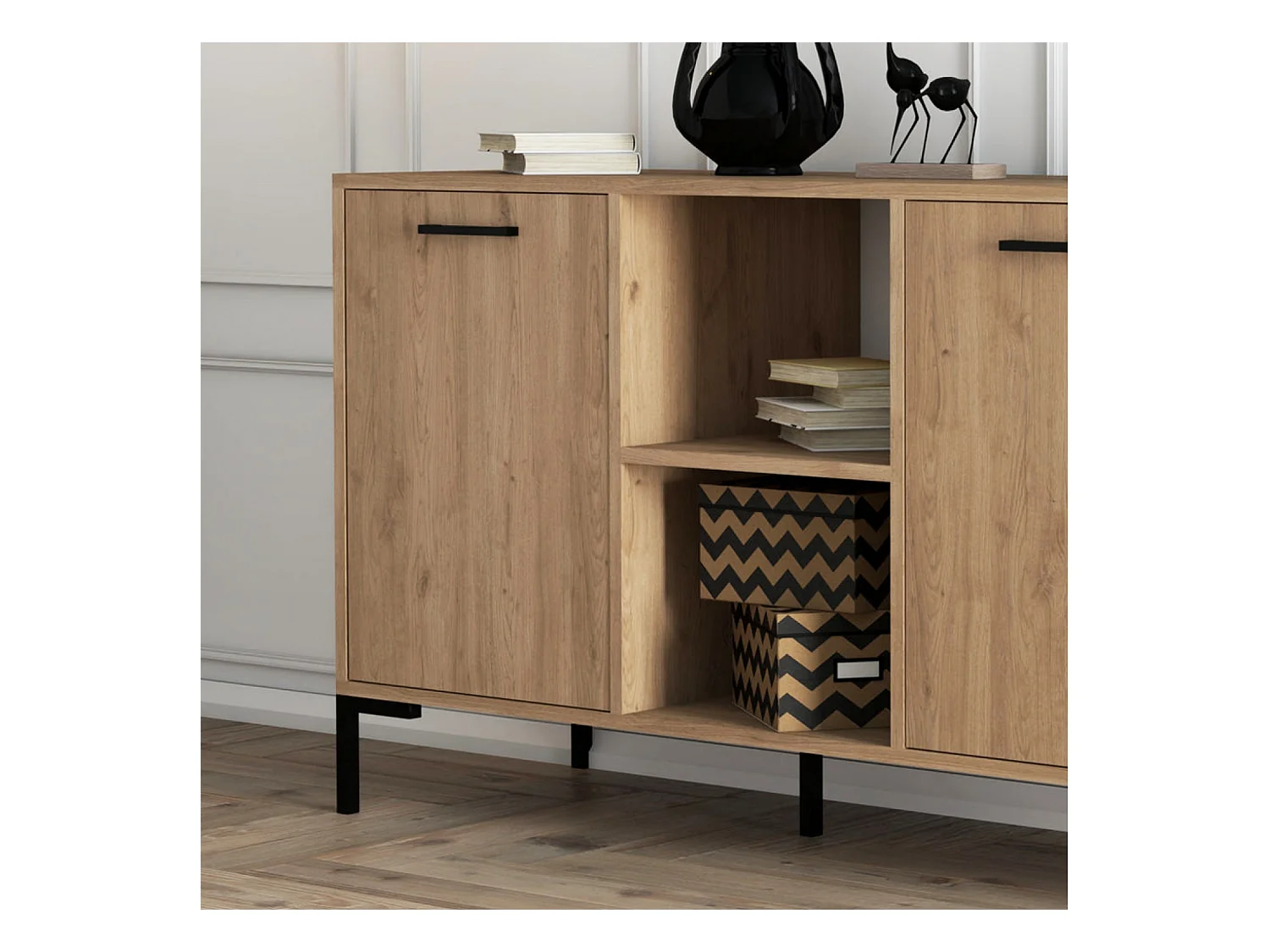 Buffet 3 portes et 2 niches finition bois et métal noir 180x80cm AURA