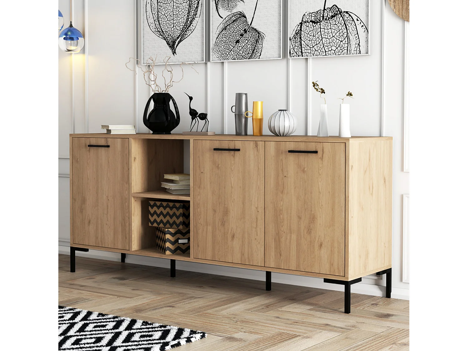 Buffet 3 portes et 2 niches finition bois et métal noir 180x80cm AURA
