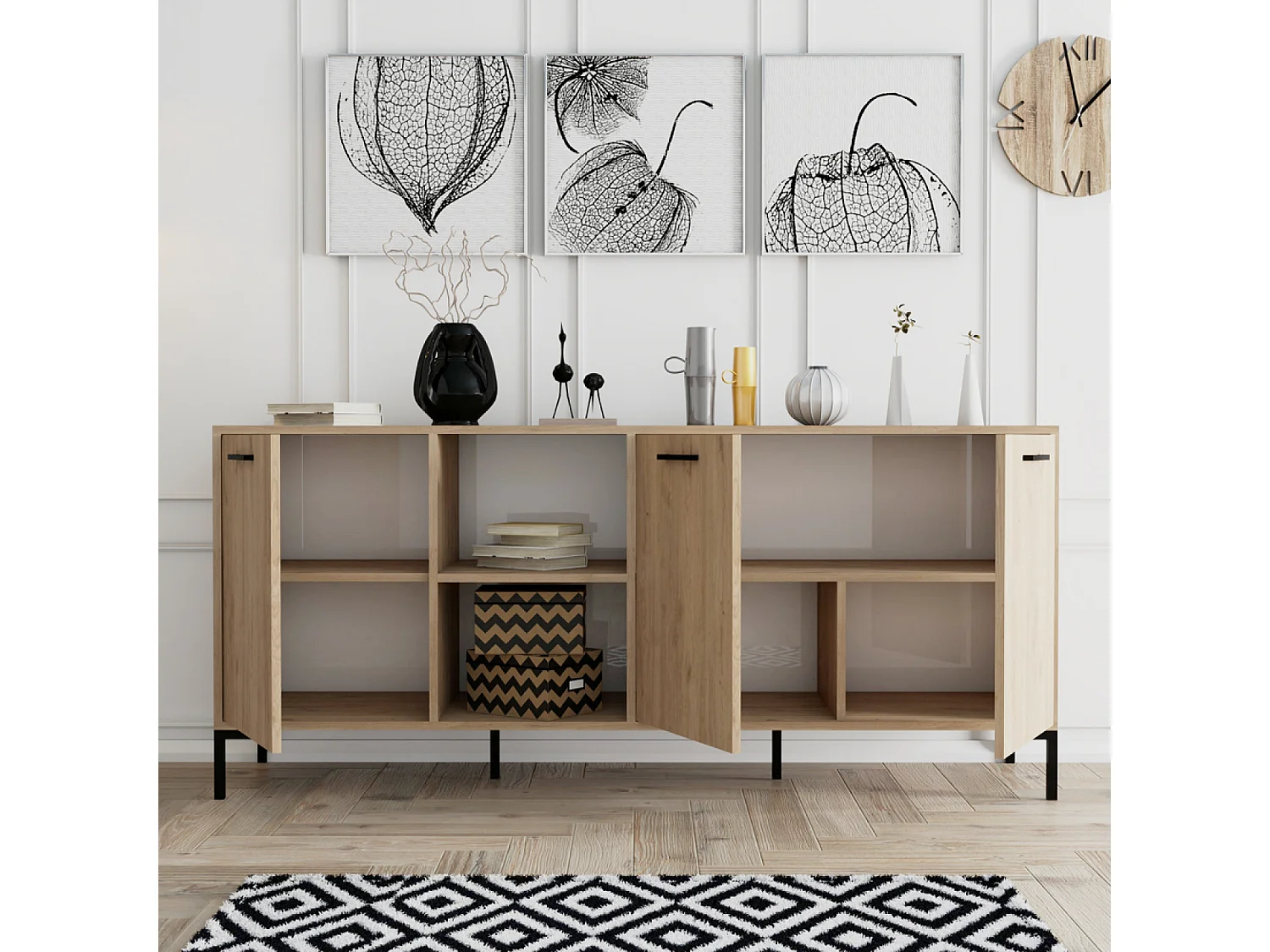 Buffet 3 portes et 2 niches finition bois et métal noir 180x80cm AURA