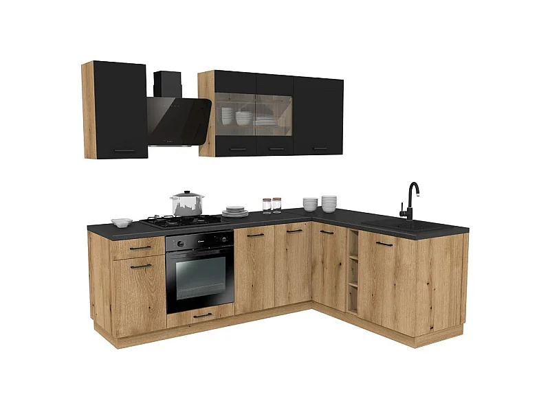 VARIO – Ensemble de meubles de cuisine d’angle – 240 x 180 cm – Noir / Chêne – Plan de travail inclus – Sans électroménager