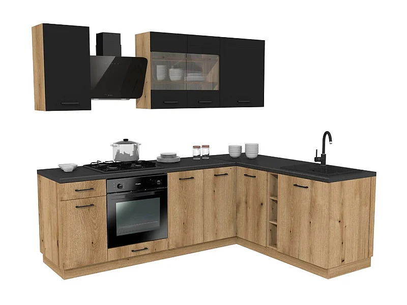 VARIO – Ensemble de meubles de cuisine d’angle – 240 x 180 cm – Noir / Chêne – Plan de travail inclus – Sans électroménager