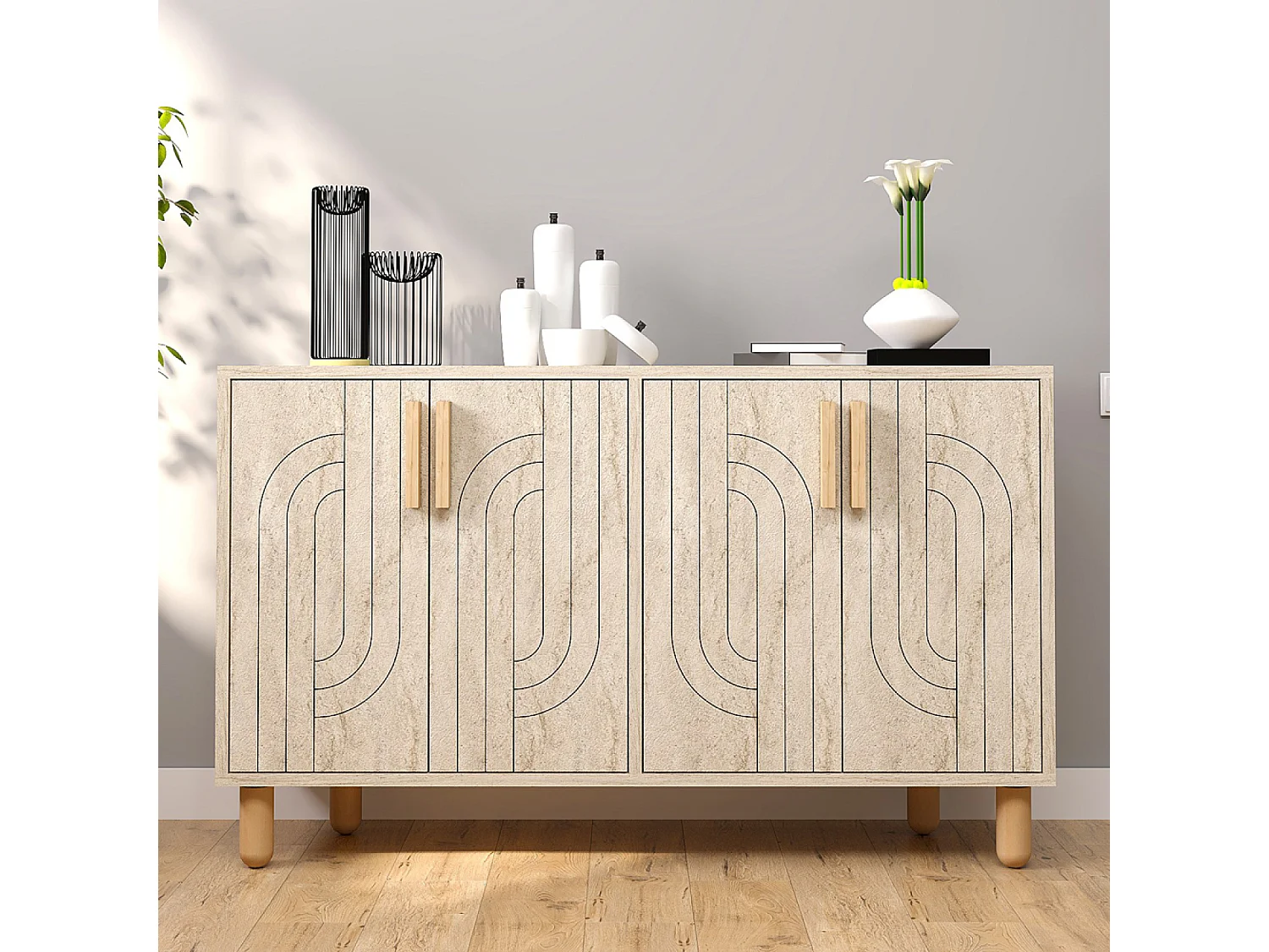 Buffet à 4 portes effet travertin nervuré 120x73cm RODY