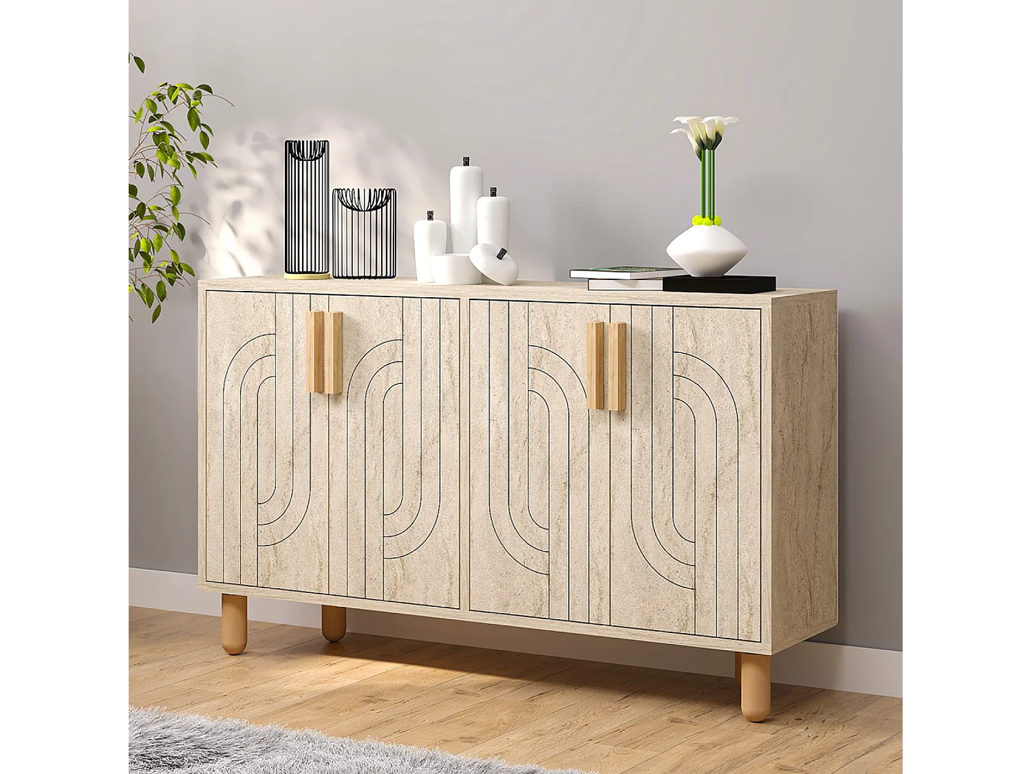 Buffet à 4 portes effet travertin nervuré 120x73cm RODY