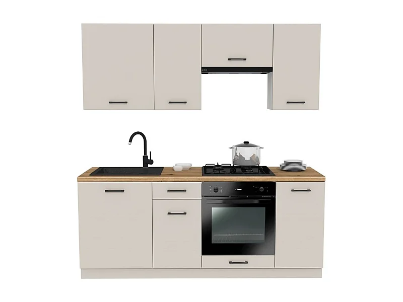 VARIO - Ensemble de meubles de cuisine – 200 cm – Cachemire – Plan de travail chêne – Sans électroménager