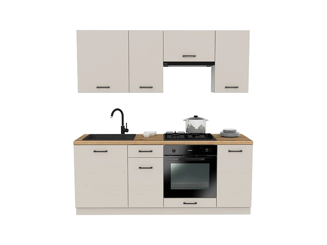 VARIO - Ensemble de meubles de cuisine – 200 cm – Cachemire – Plan de travail chêne – Sans électroménager